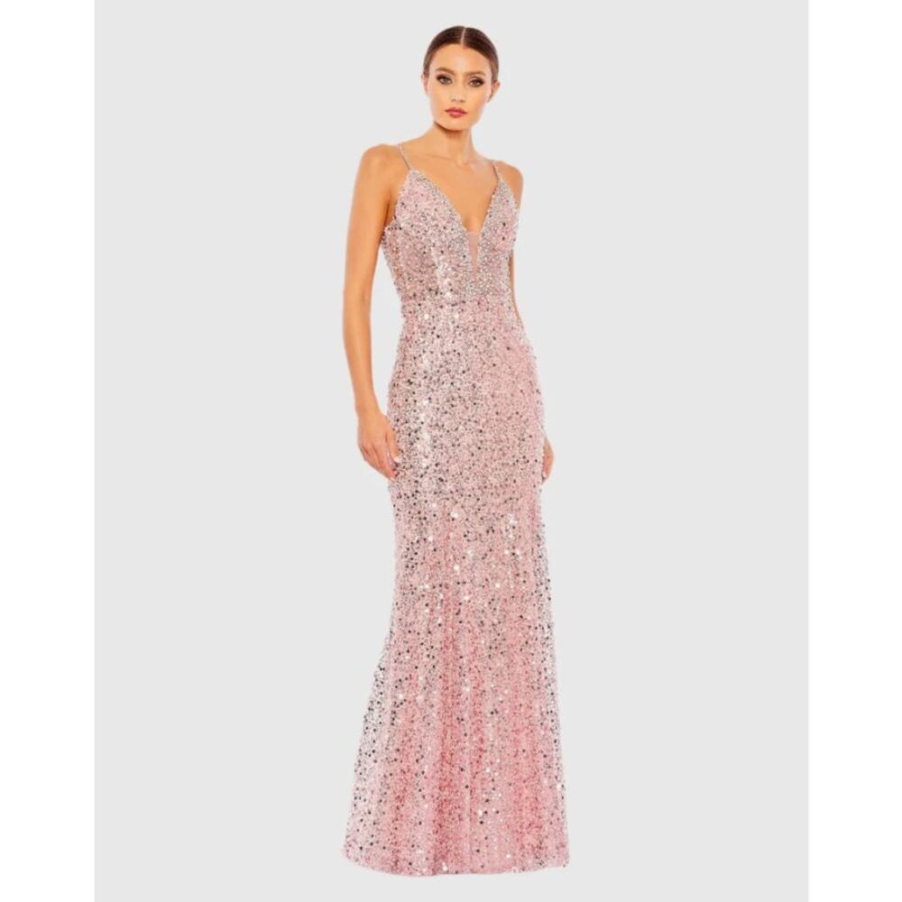 NWT‎ Mac Duggal Embellished Plunge Neck Trumpet Gown dress